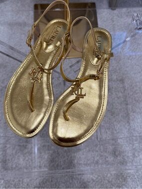 Ralph Lauren Metallic Gold RL T-Strap Sandals